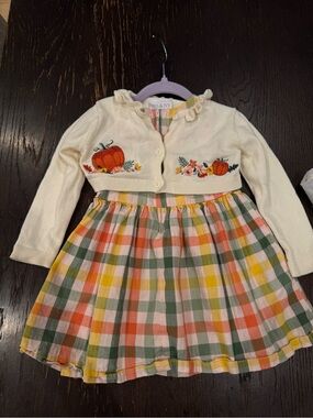 iris & ivy Multicolor Plaid Dress with Green bow and matching cardigan